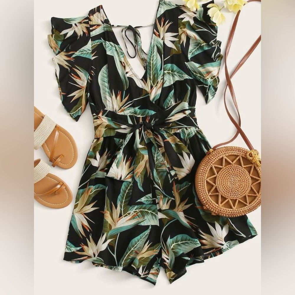 Tropical print shirred waist self tie romper. Like new!